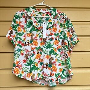 Jane Delancey Bright Floral Top Button Down Shirt Medium NWT Short Sleeve